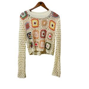 Debut Womens M Boho Crochet Granny Square Open Knit Cream Sweater Crop Top
